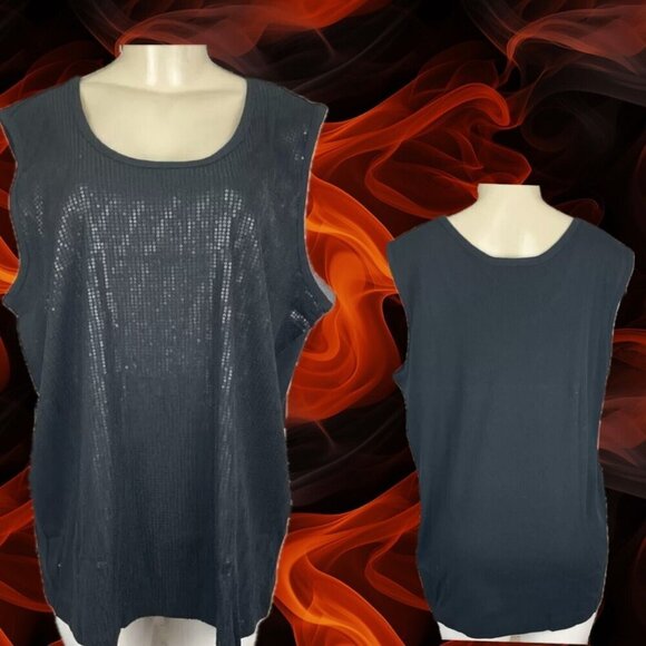 Denim 24/7 Plus 26/28 Black Sequin Scoop Neckline Ribbed Trim Sleeveless Top - Picture 1 of 6